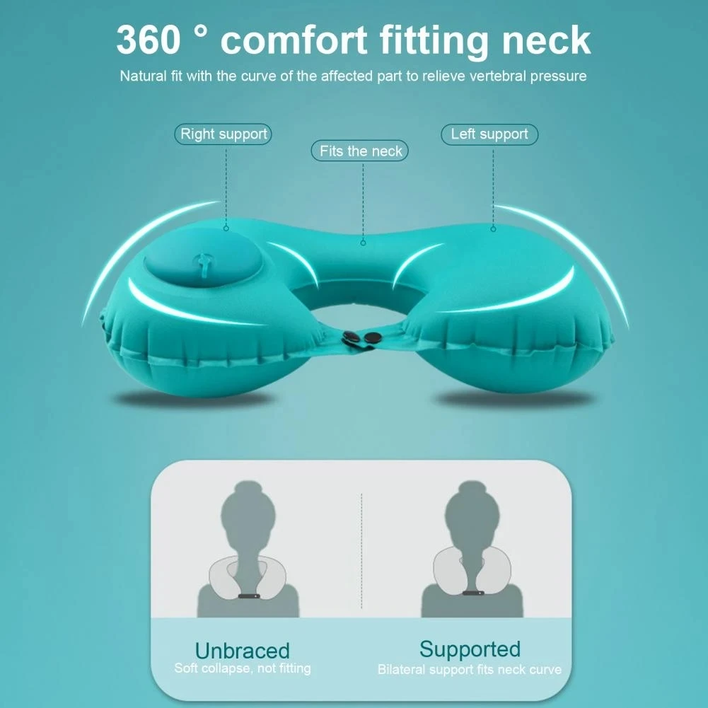 Almohada de viaje en forma de U, nueva almohada inflable Pres para el cuello, portátil, plegable, para viajes al aire libre, coche, avión, inflado, almohadas para el cuello con anillo