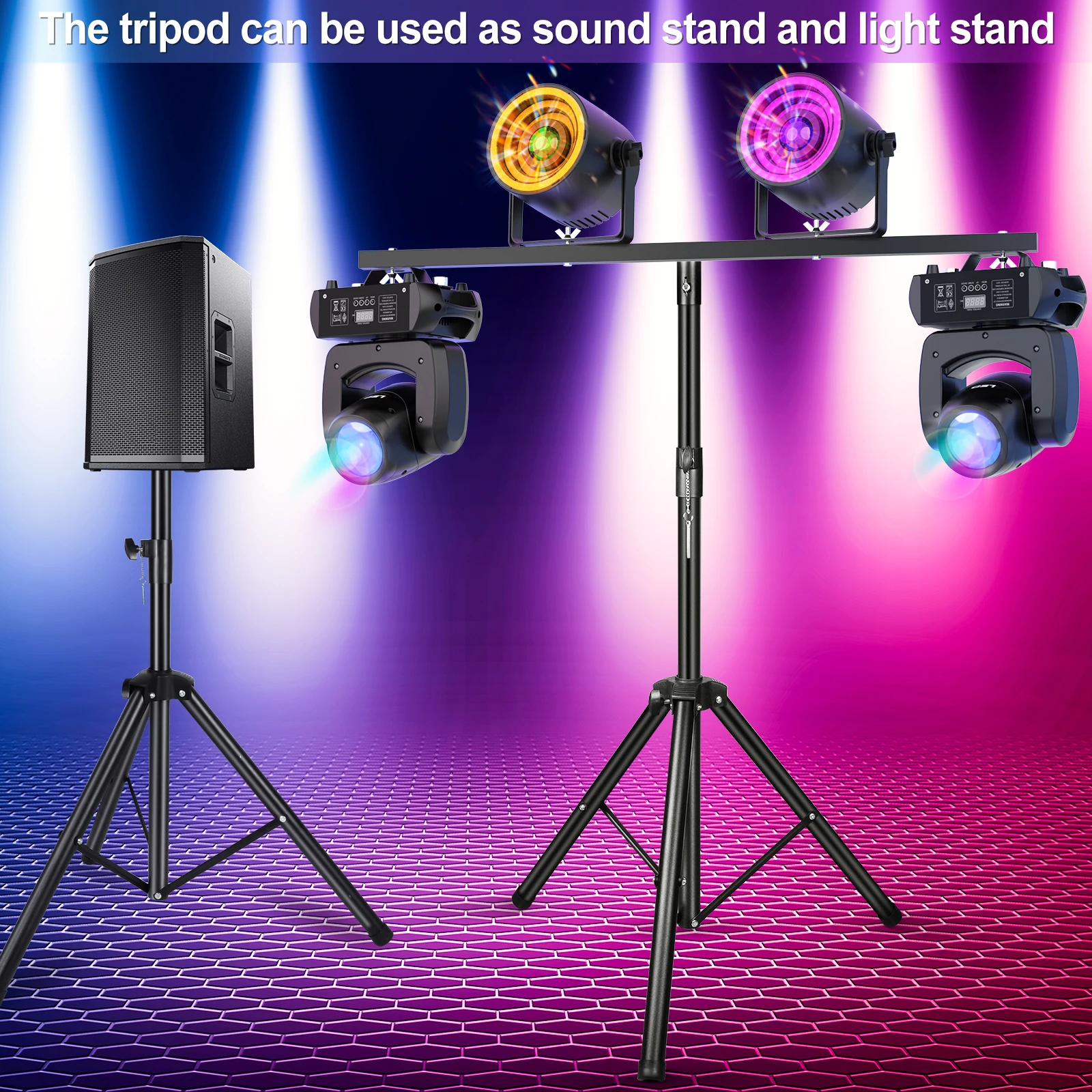 Somspot Pro Audio DJ Adjustable Tripod Stand with Top T Bar for Par Cans Wash or Universal Lighting Fixtures