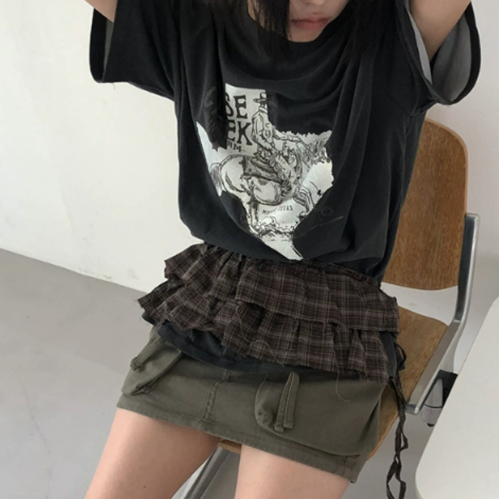 Tenue de couche Hip-hop, jupe à carreaux, douce Y2K, écharpe de hanche à lacets, extension de chemise, Style coréen, bord à volants, ceinture, décor en jean