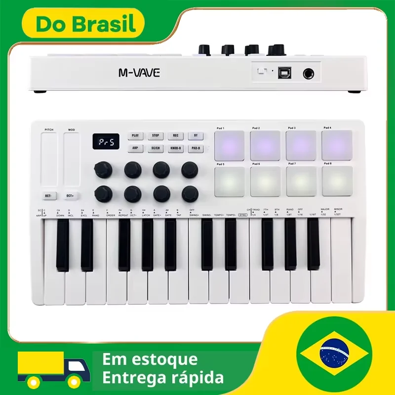 M-VAVE-USB Controlador de teclado MIDI, 25 teclas, 8 almofadas retroiluminadas, 8 botões, 2 Touch Stripes, instrumentos de teclado musical