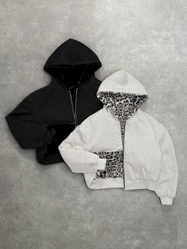 Sudadera con capucha Unisex con bolsillo con forro con estampado de leopardo, chaqueta suelta, sudadera con cremallera, estilo streetwear