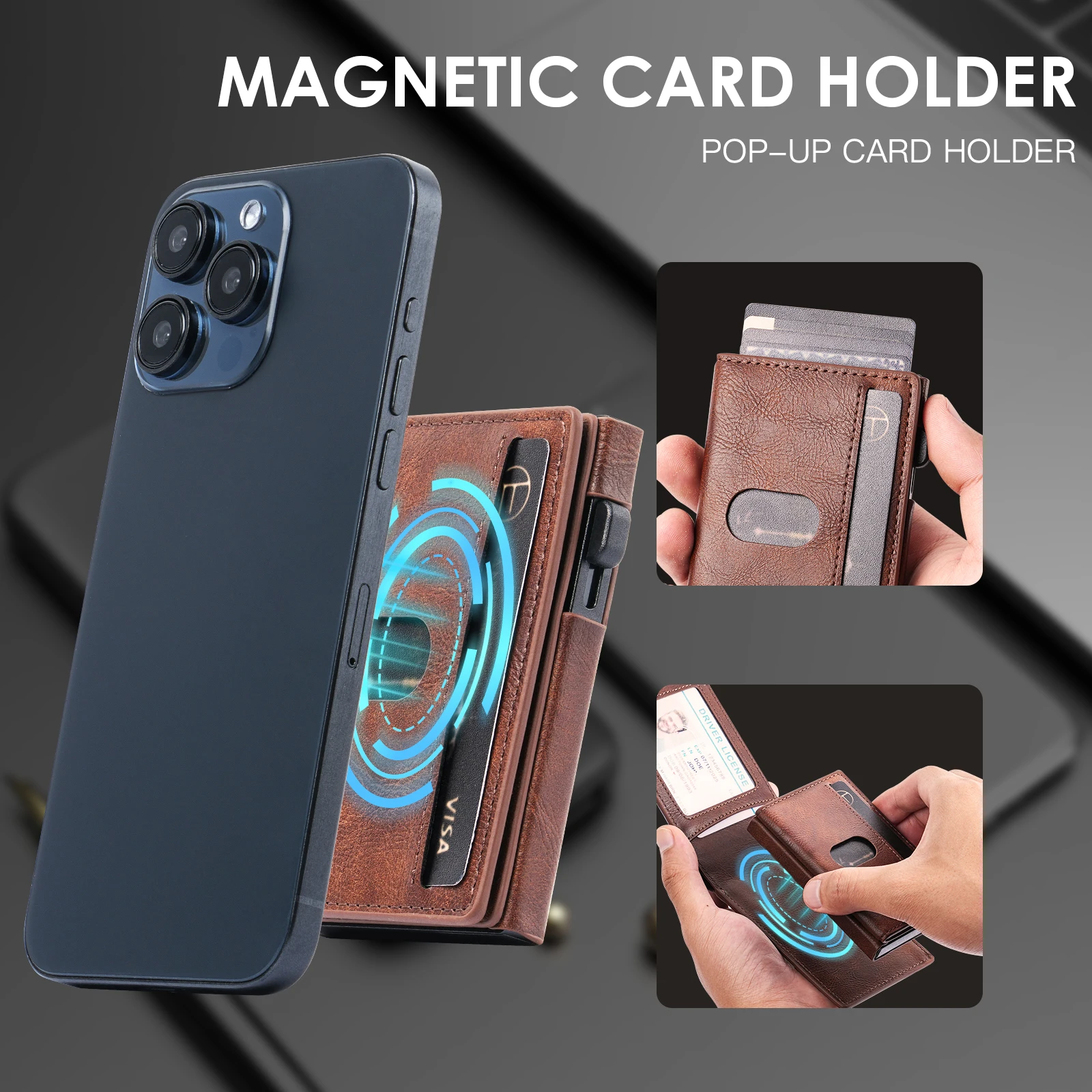 Cartera de cuero genuino con bloqueo Rfid, monedero corto plegable para hombre con tarjetero emergente de aluminio Magsafe magnético, funda de identificación