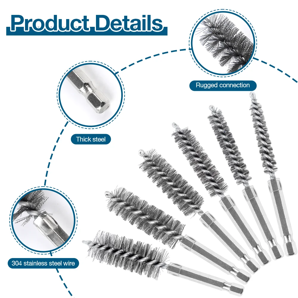 6 Pcs Stainless Steel Pipe Cleaning Brush Set 1/4" Hexagonal Bar Twisted Wire Hole Brush Cleaning Brush Bristle Wire Brush Hole
