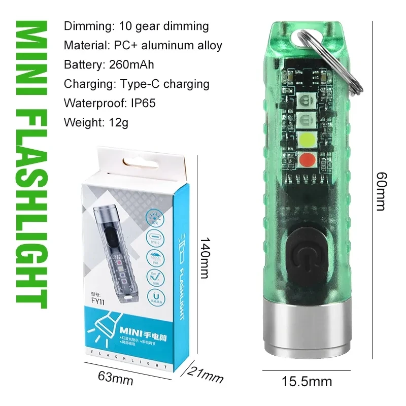 Multi-Function Mini EDC lanterna LED, chaveiro portátil, MagneticTorch luz, USB recarregável, lâmpada UV, emergência, Camping, lanterna
