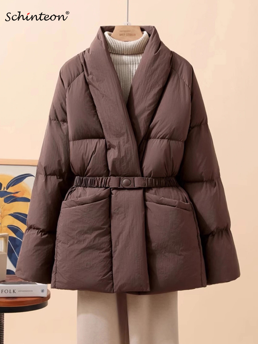 Schinteon Frauen Weiße Ente Unten Jacke Beiläufige Lose Gürtel V-ausschnitt Kragen Mode Herbst Winter Outwear Koreanischen Stil Mantel 2025, Neue
