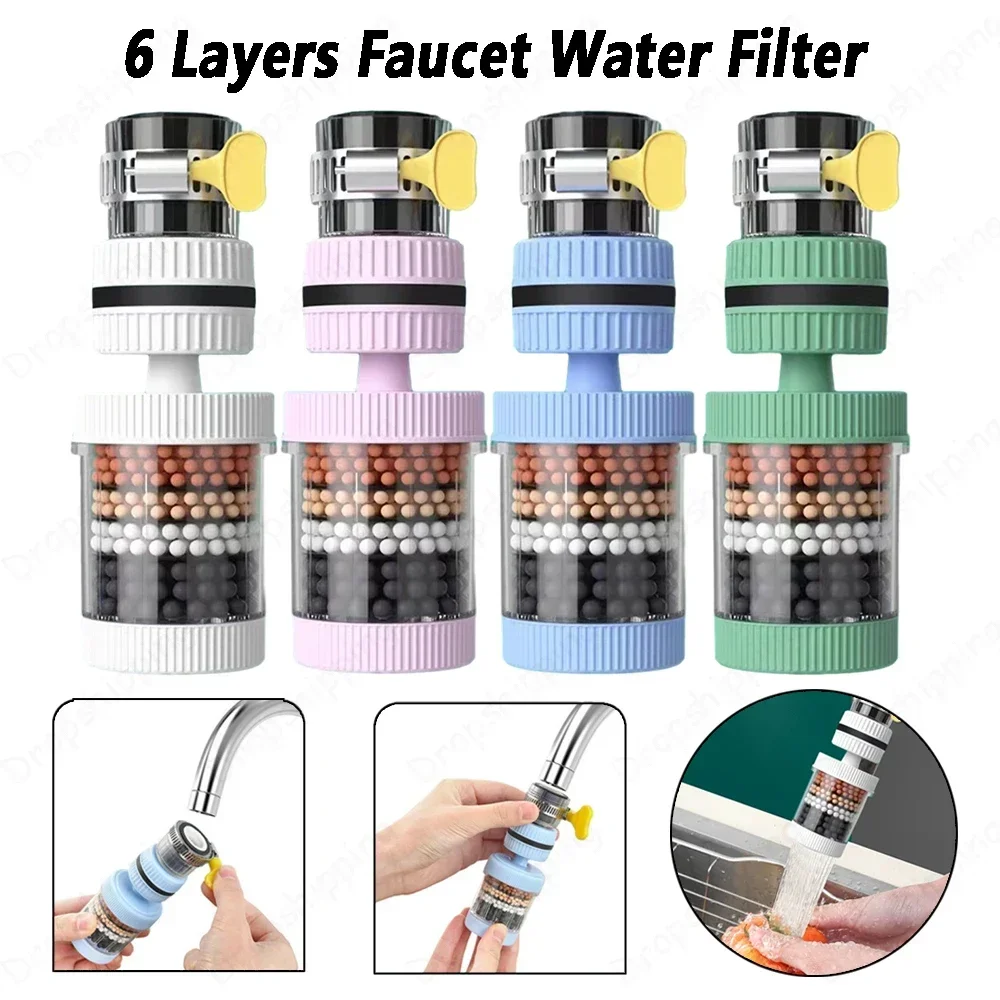 Purificador de torneira universal com 6 camadas, filtro à prova de respingos, rotação de 360 graus, economia de água, borbulhador para casa, cozinha, banheiro