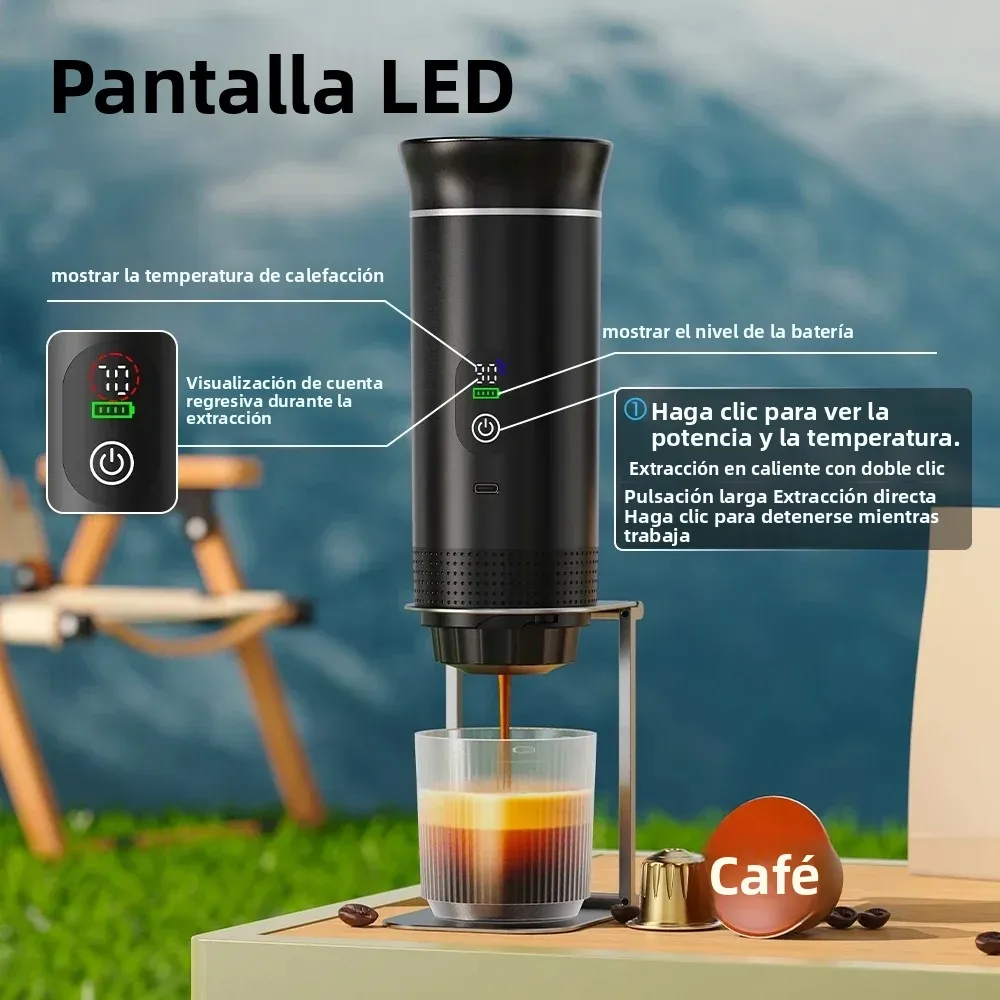 Cafetera eléctrica portátil inalámbrica Foombthe para coche y camping, con depósito de agua de 80 ml, pantalla digital, 3 en 1, para cápsulas de café en polvo y viajes.
