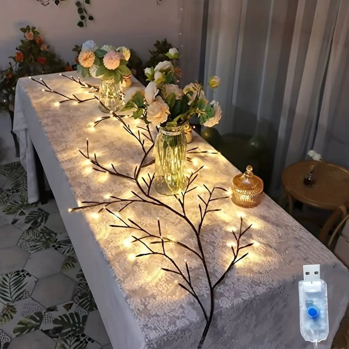 Luz de rama de árbol para decoración del hogar, iluminación nocturna de escritorio, fiesta de pared, alimentada por USB, bricolaje, festiva, vid, 96LED, 8 modos, 1 unidad