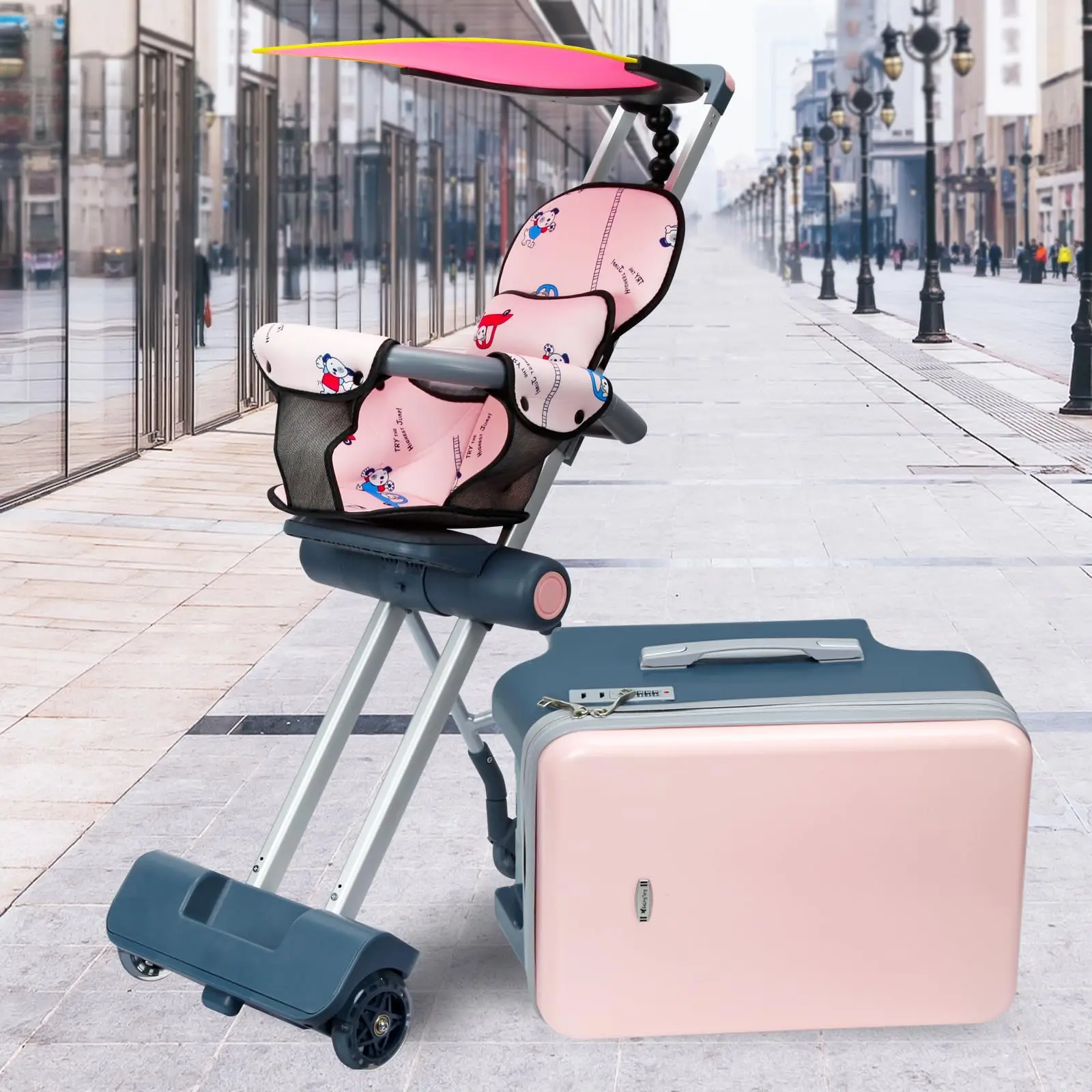 Viagem com estilo com malas grandes com design de assento infantil e rodas giratórias, bagagem rolante expansível de 20 polegadas