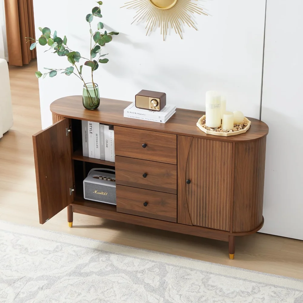 55inch bar Fluted Sideboard Buffet Cabinet with Storage,Oval Curved Edge Sideboard with Drawer, Buffet Cabinet for Diner, bar