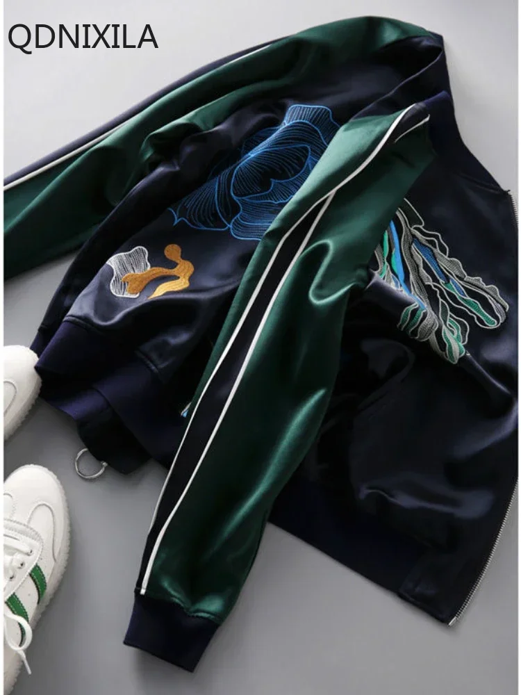 High End Simulation Silk Short Coat for Women, Embroidered Top, Baseball Suit Jacket, Outerwear, Spring and Autumn, High End