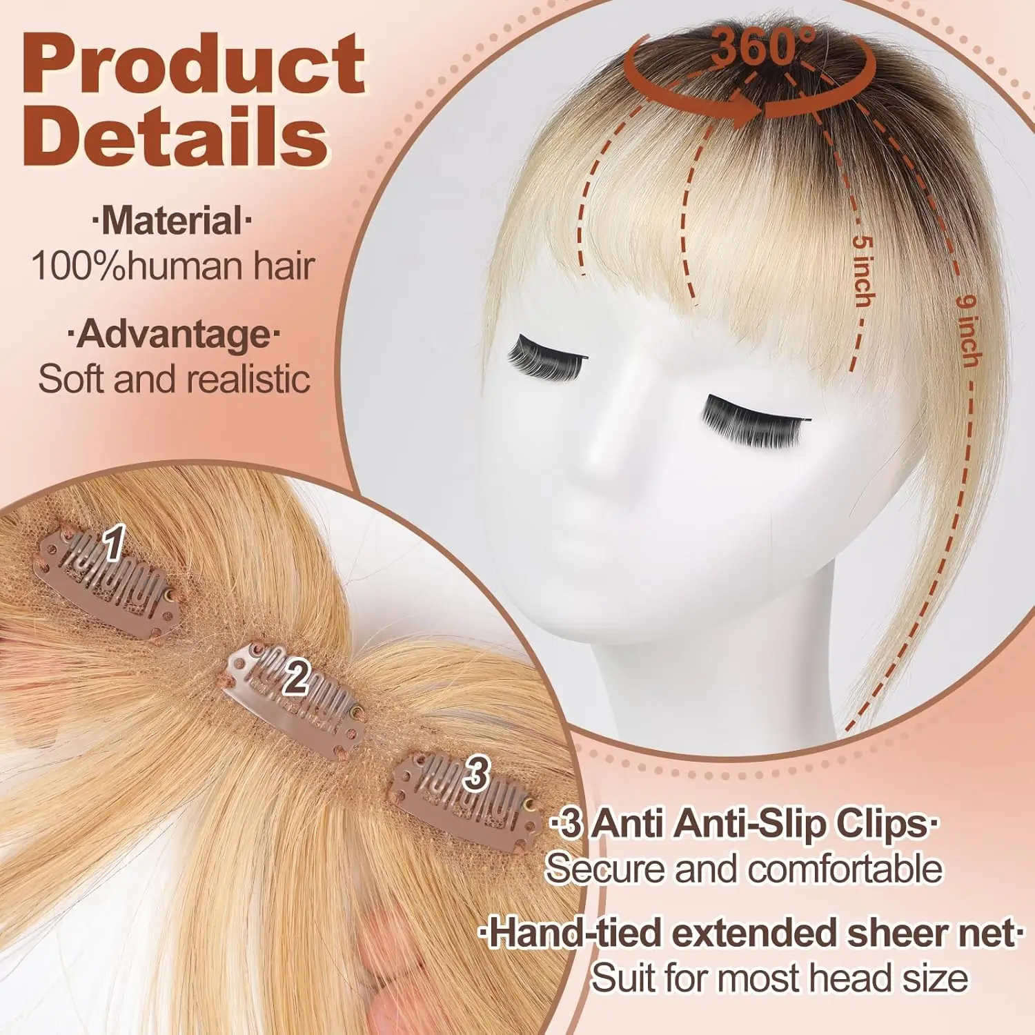 Ombre สีบลอนด์คลิป Bangs 100% ผมมนุษย์จริง Bangs Wispy Bangs ผมชิ้น 3 Secure คลิป Full Fringe ปลอม Bangs