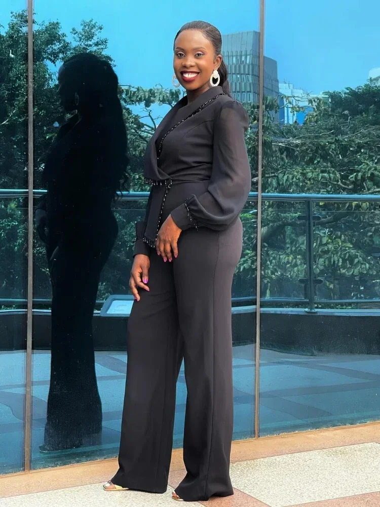 AOMEI Elegantผู้หญิงโปโลแขนฟองหลวมกางเกงขากว้าง 2024 ฤดูใบไม้ร่วง/ฤดูหนาวใหม่OLสํานักงานผู้หญิงParty Jumpsuit