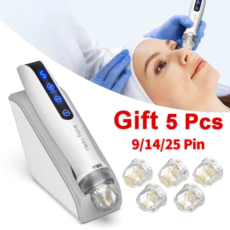 Olá rosto dr caneta q2 com 5 pçs agulha elétrica sem fio ems microagulha caneta led vermelho azul luz microagulhamento caneta dispositivo de cuidados com a pele