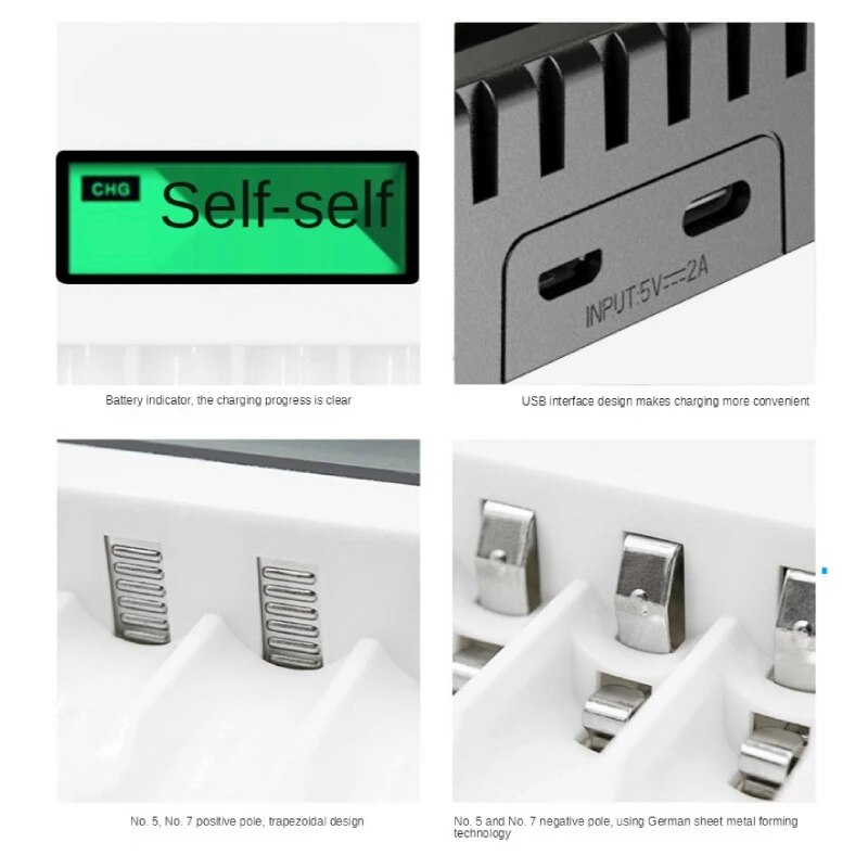 Carregador de bateria inteligente com display LCD de 4 espaços, adequado para bateria recarregável 1.2V AAAVAA Ni-Cd/Ni-Mh, carregamento rápido e durável