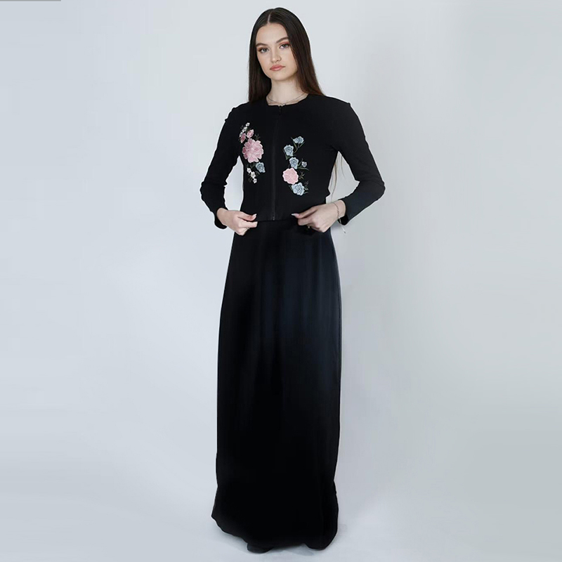 XS-XXXL conjunto de cárdigan para mujer, vestido informal con flores bordadas, Top acanalado negro, vestido largo, vestidos largos con cremallera, conjunto de vestido Shlomo elegante