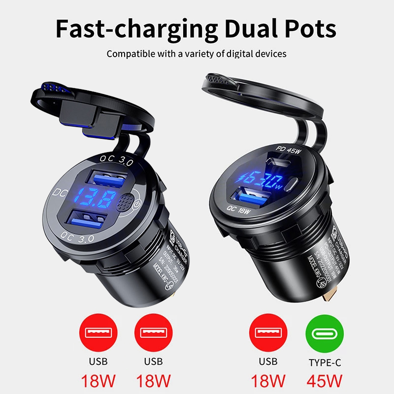 Aluminum 63W PD & QC 3.0 Dual USB Car Charger Socket 12V/24V Power Outlet Adapter Charge Adapter Waterproof Fast Charge Ports