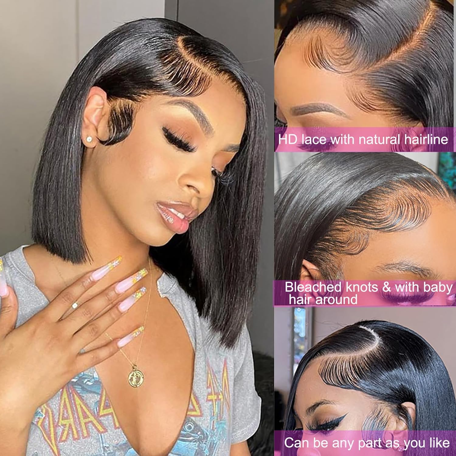 女性用の滑らかなボブウィッグ,ボブの人間の髪の毛100%,短いボブウィッグ,hdレース,8〜16インチ,200%