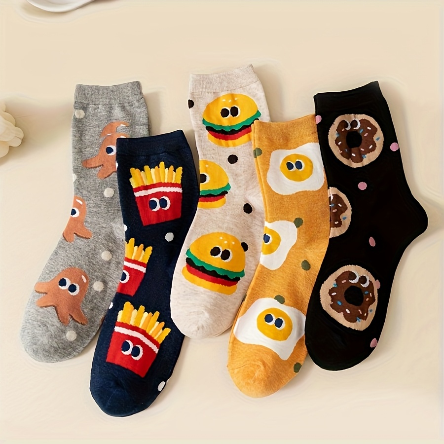 5 pares de calcetines para niños de colores mezclados con lindos patrones de hamburguesas y patatas fritas de dibujos animados para niños y niñas, calcetines juveniles versátiles y a media pantorrilla, adecuados para la vida diaria informal