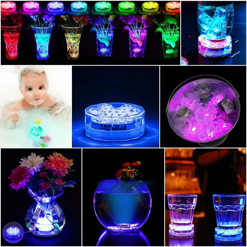 10leds RGB Luzes LED Submersíveis Luz Noturna Subaquática Piscina Exterior Luz Chá Luz Vaso Pond Party Decoração de Casamento