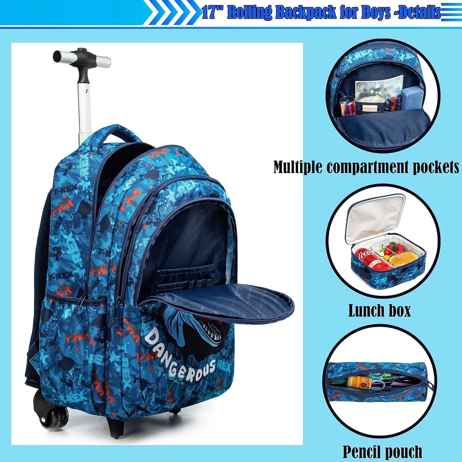 18-Zoll-Schultaschen, Rucksack mit Rollen für Jungen und Mädchen, Reise-Rollrucksack, Schultrolley-Taschen-Set mit Thermo-Lunchbox
