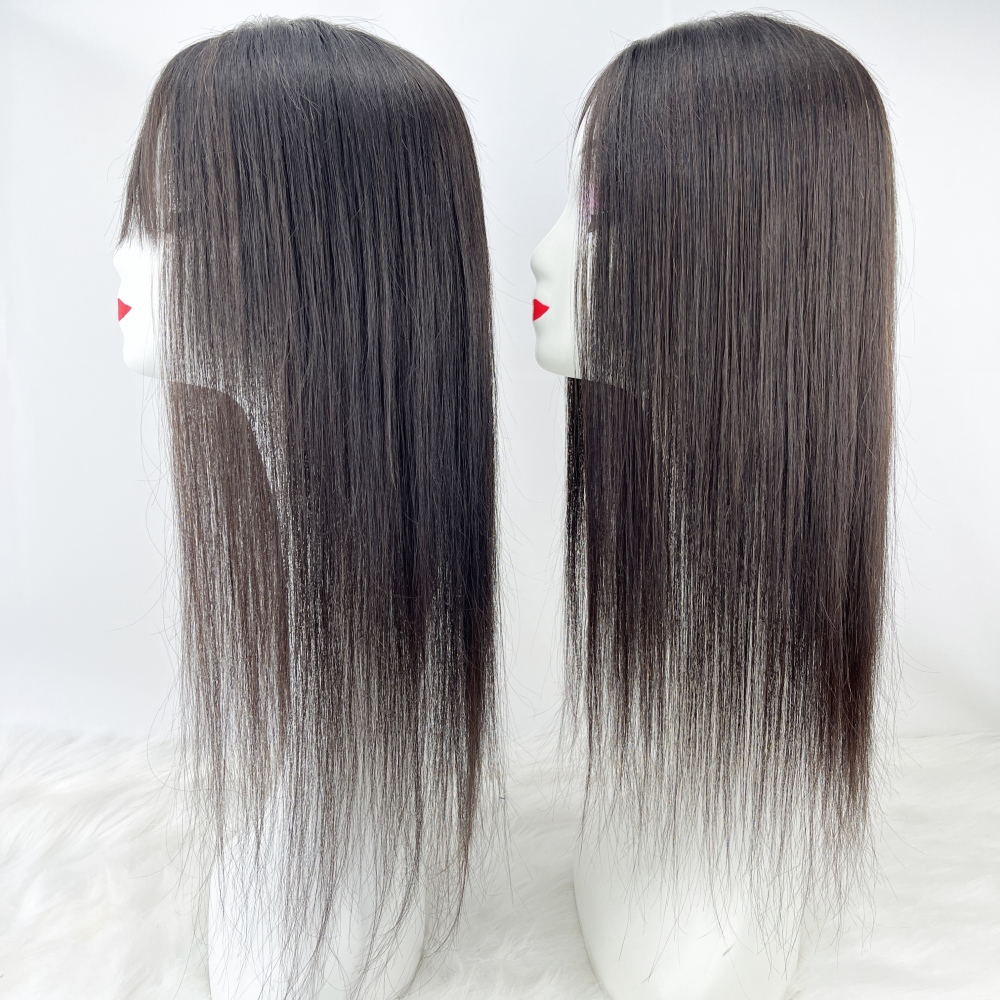14 × 16 センチメートルストレートヘアトッパー女性のためのスキンシルクベースバージン人毛ピースカバー通気性シルクトップかつらクリップで
