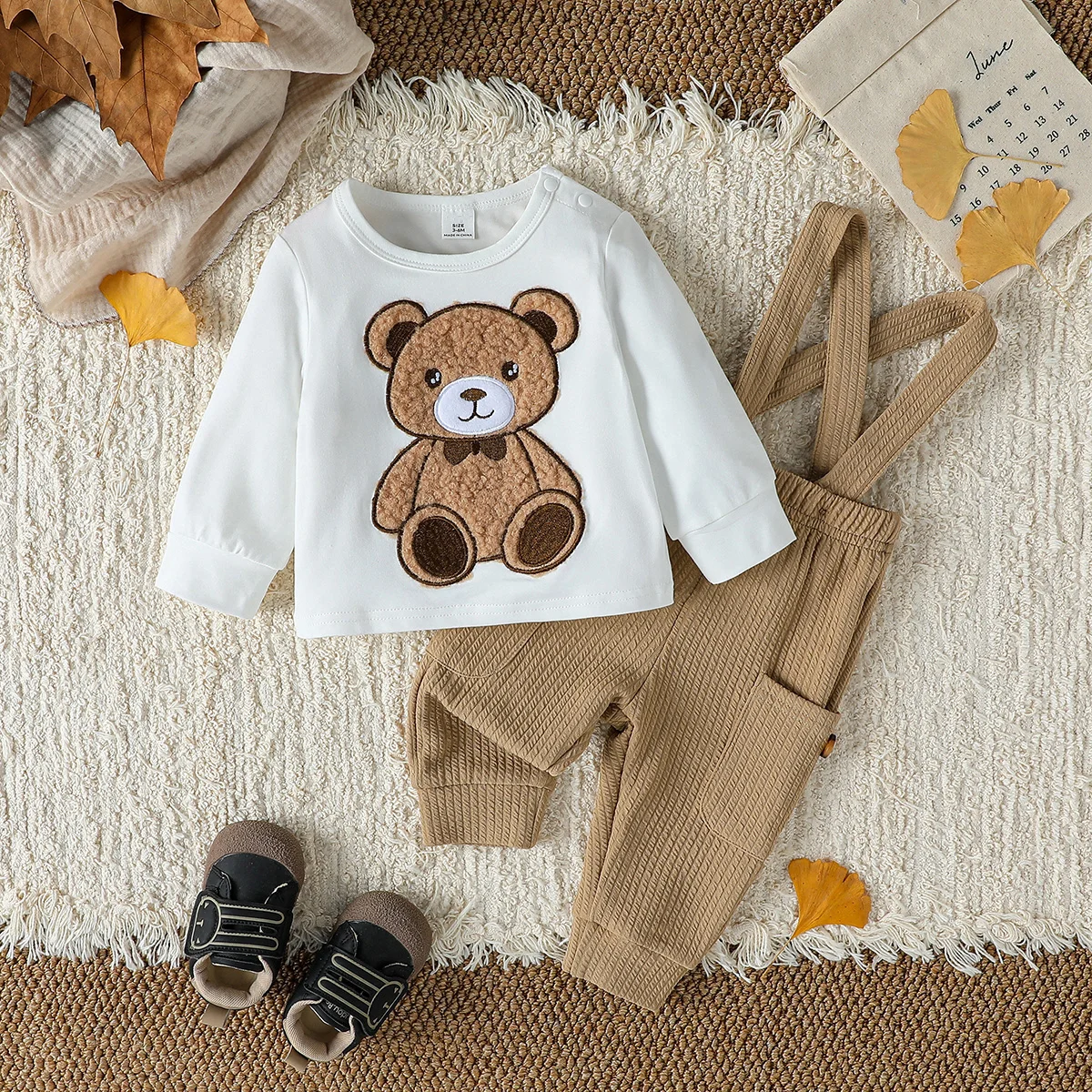 2 uds bebés niños otoño lindo Top de manga larga con oso + mono con botones mono conjuntos ropa trajes casuales
