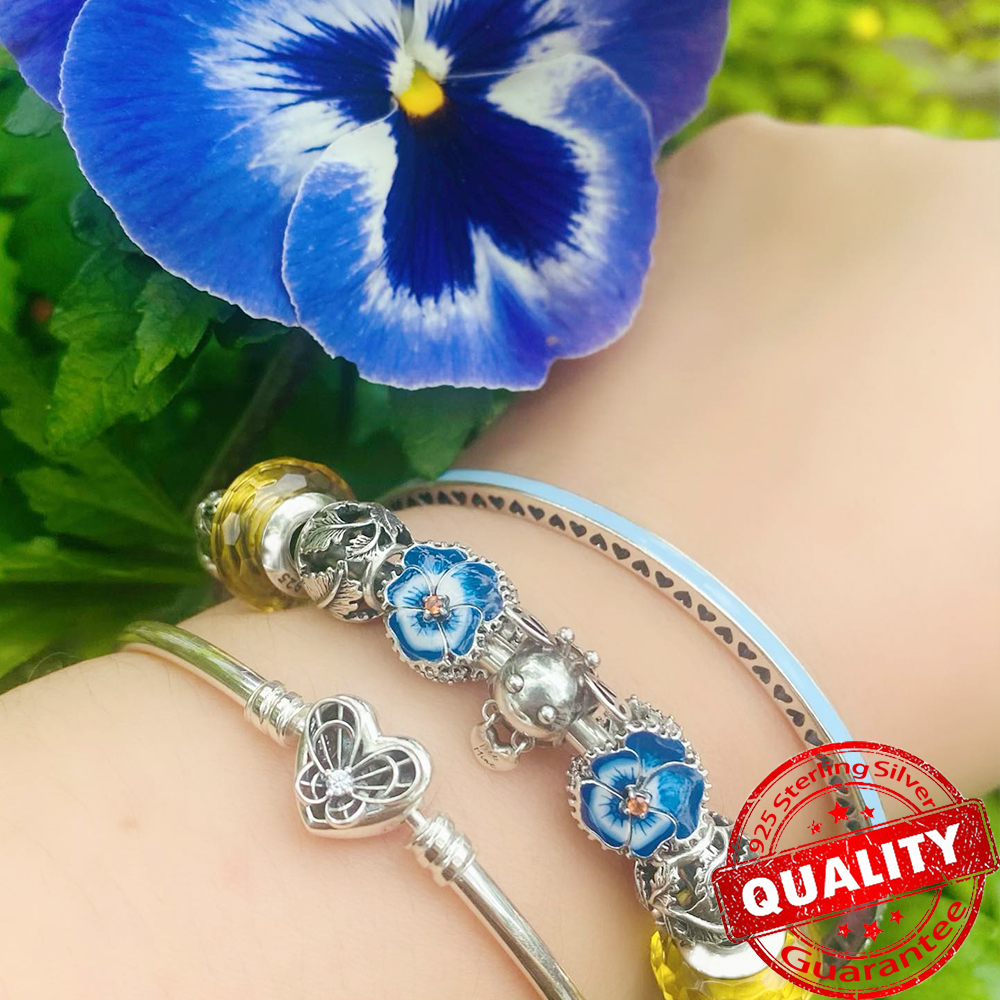 Moda prata esterlina rosa amor-perfeito flor charme caber pulseira original 925 prata azul borboleta charme jóias finas presente