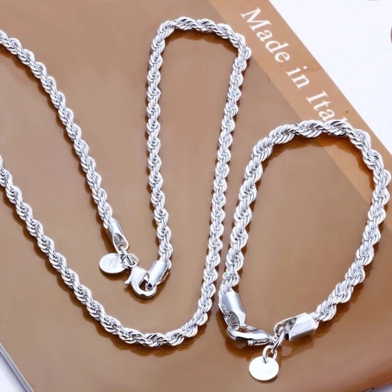 Charm 925 sterling silver Accessories 4MM 40-60cm 2PCS Rope Chain Necklace Bracelet Women Men Fashion Wedding Gift Jewelry
