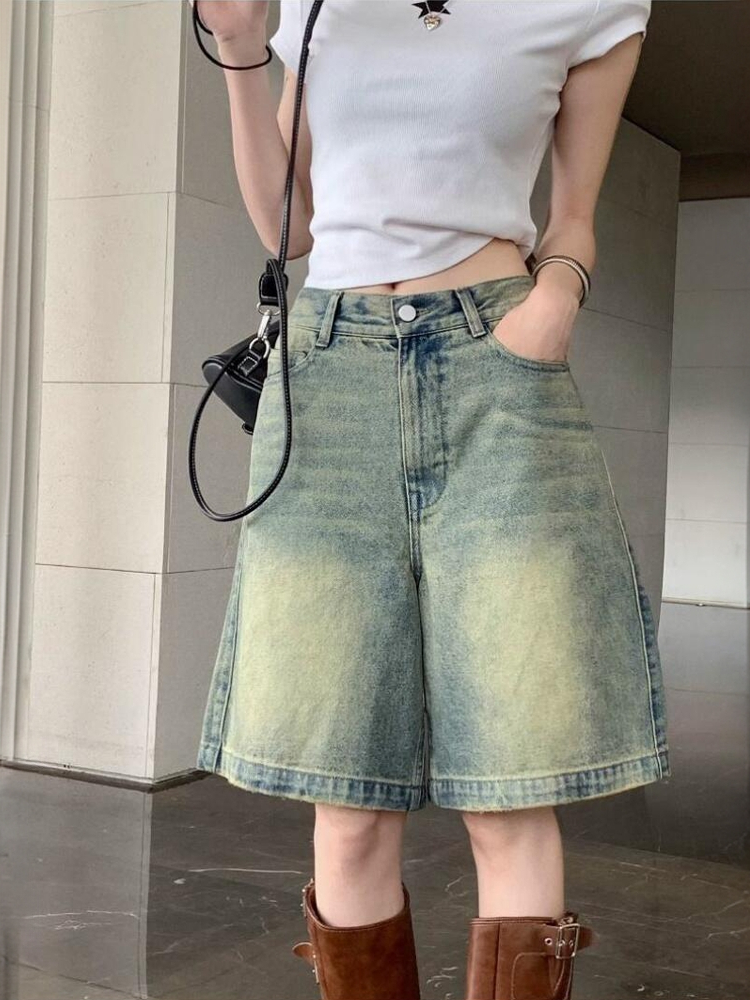 High Waist Wide Leg Blue Jeans Casual Straight Cut Summer Denim Pants for Women Vintage Faded Effect Loose Fit Trousers