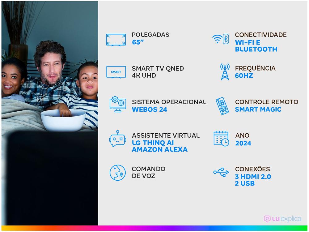 Smart TV 65" 4K QNED LG 65QNED80TSA WebOS 24 Processador α5 Ger7 Wi-Fi Bluetooth com Alexa e Chromecast 3 HDMI 2 USB
