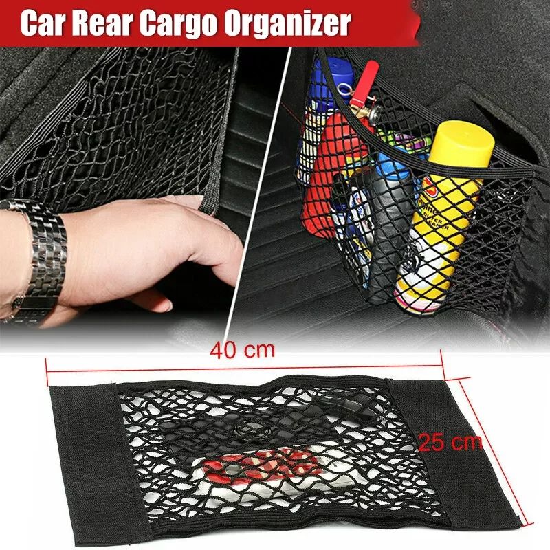 Organizzatore di rete per bagagliaio di un'auto, rete portaoggetti per coda di auto, tasca posteriore per sedile, borsa per bagagliaio universale, accessori interni per rete di nastri magici per auto