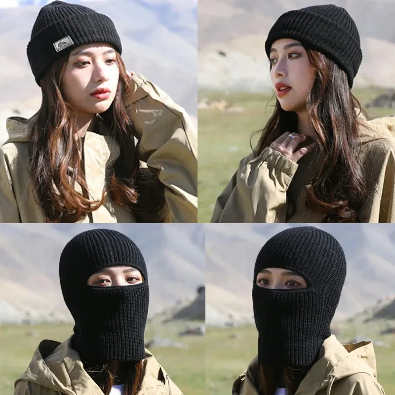 Gorro de punto de algodón grueso para invierno, gorro cálido para ciclismo al aire libre, máscara 2 en 1, gorro de protección facial completo, orejeras, pasamontañas
