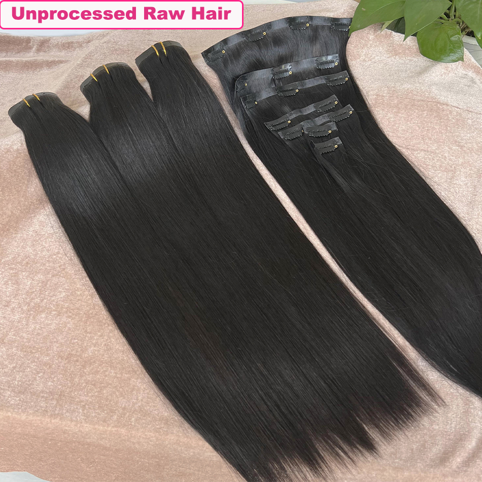 Yiwigs 12A ストレートシームレス PU 横糸クリップヘアエクステンション実体波 100% 本物の生人毛未処理 100 グラム 7 ピース/セット