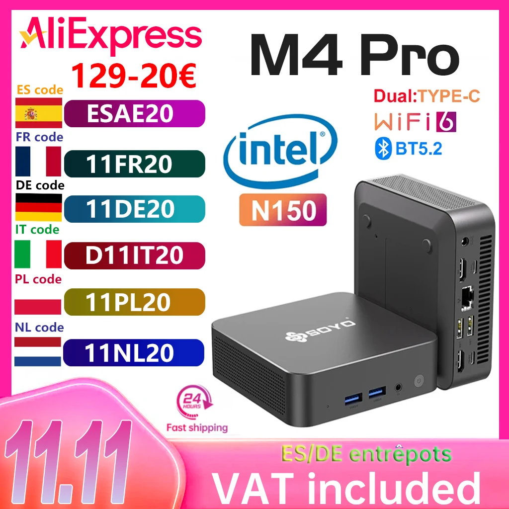 Soyo m4 pro mini pc intel alder lake n150 windows 11 pro mini pc 16gb ddr4 512gb pcie m.2 ssd wifi 6 bt5.2 computador desktop