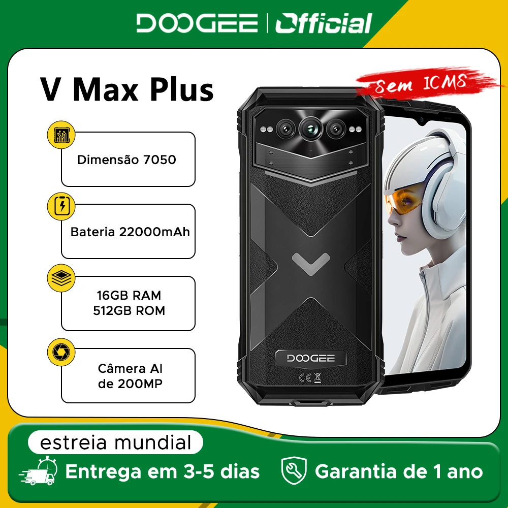 Doogee v max plus 5g telefone robusto 6.58 "120hz 22000mah bateria 36gb (16 +20) 512gb 200mp ai câmera dimensão 7050 nfc smartphone