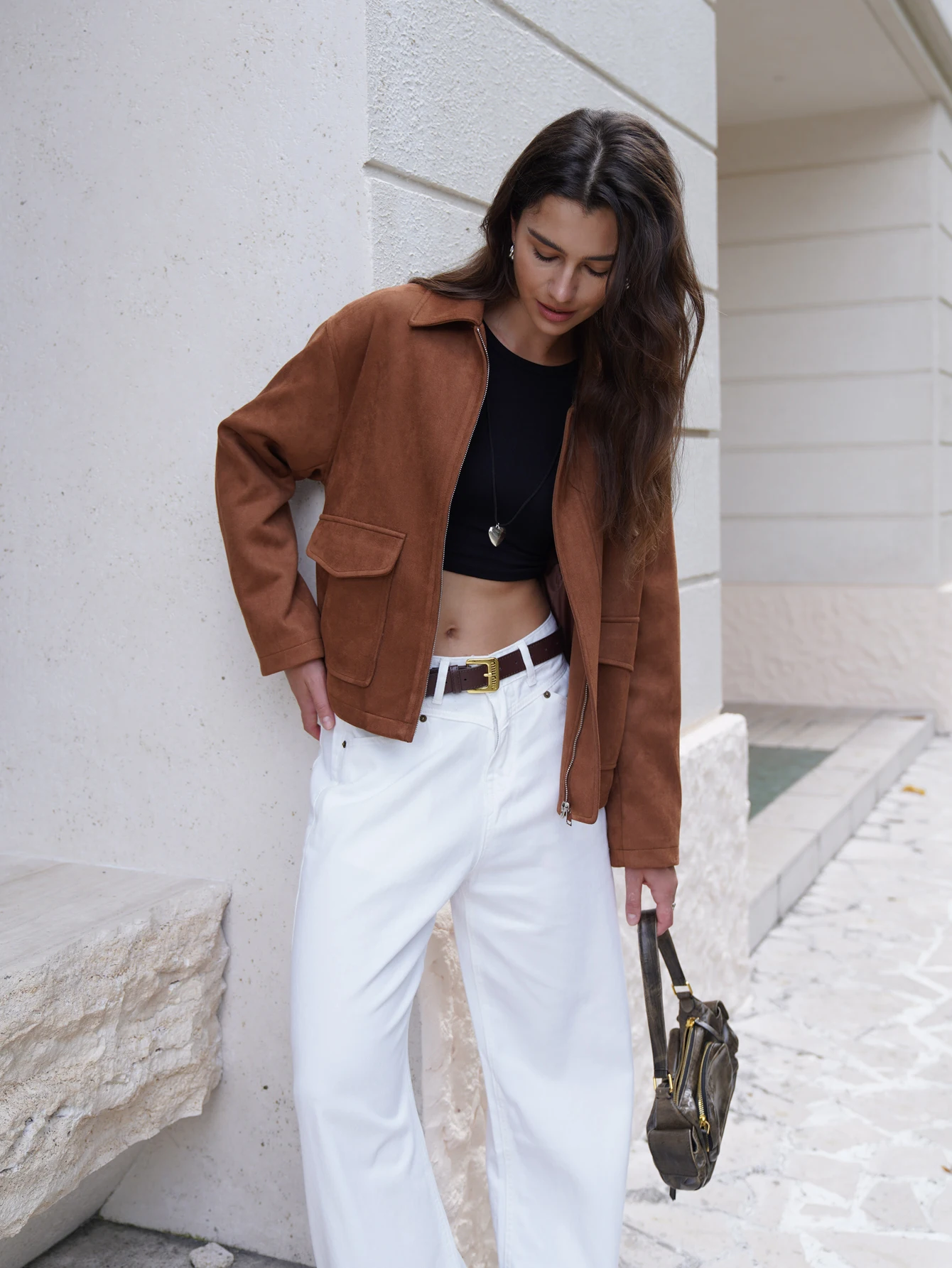 ใหม่ 2025 ฤดูใบไม้ร่วง/ฤดูใบไม้ร่วงผู้หญิงแฟชั่น Basic สั้น Suede กระเป๋าเสื้อแจ็คเก็ตและ Coat