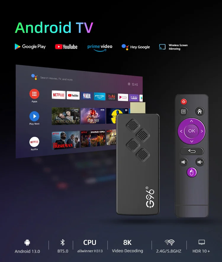 2024 quente g96 atv 8k android13.0 tv vara controle remoto infravermelho 2gb8gb 2.4g & 5g duplo wifi bt5 netflix youtube media player