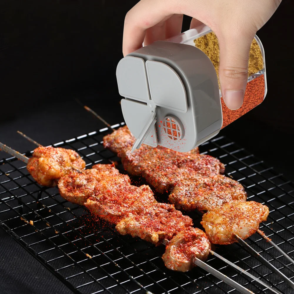 Coctelera de condimentos para acampada 4 en 1, tarro de especias multiusos con tapa, 4 compartimentos para barbacoa al aire libre, caja de almacenamiento de sal y pimienta