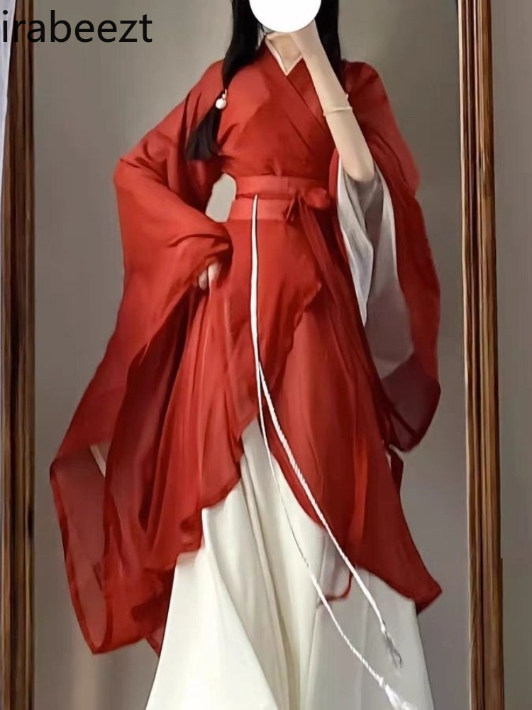 Wei jin-女の子のための中国の伝統的なドレス,大きい袖の襟,セクシーな完全なセット,中国の伝統的なドレス