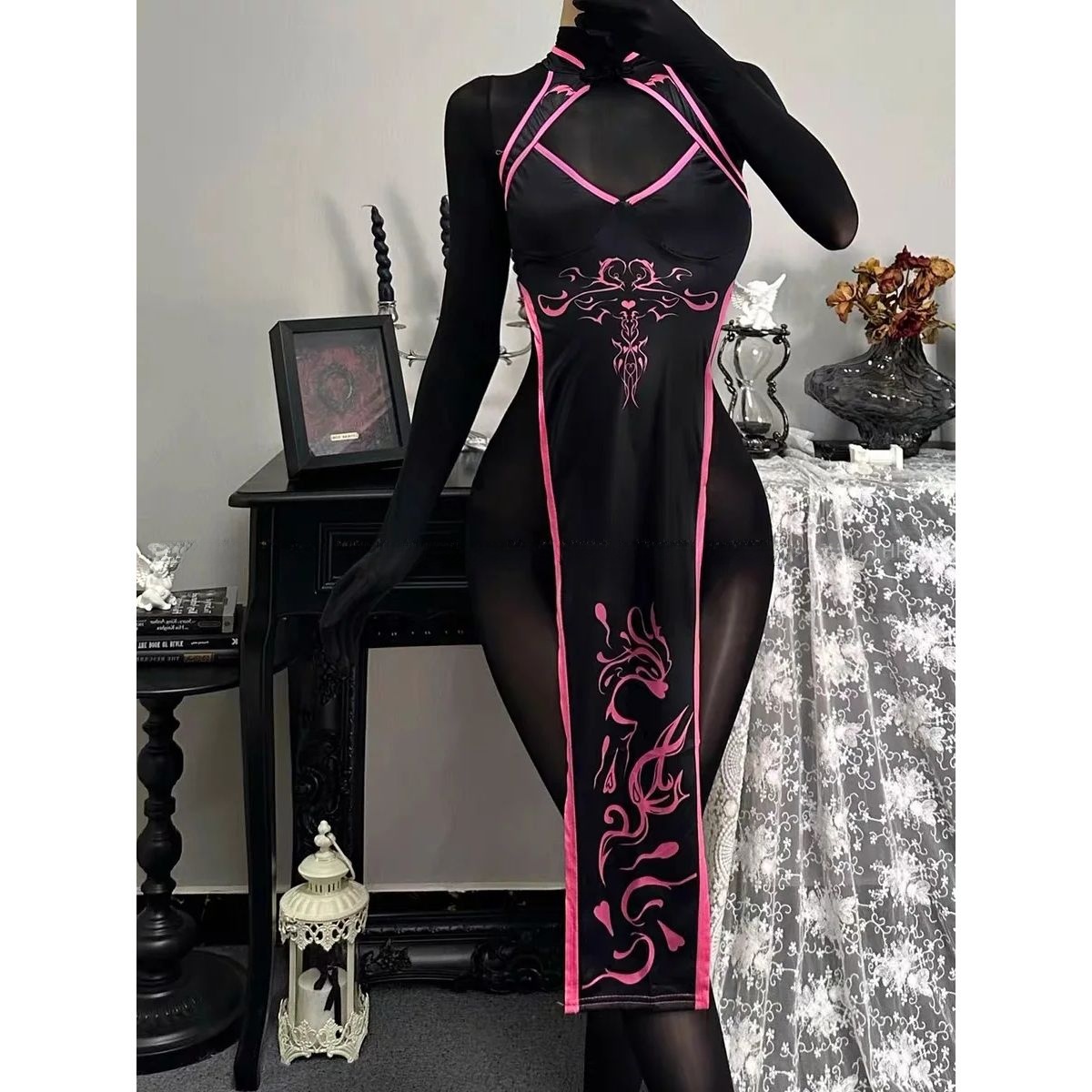 Vestido f retrô com fenda alta, sexy, com totem de fada, personalizável, serviço de design de fsia de cosplay de a...