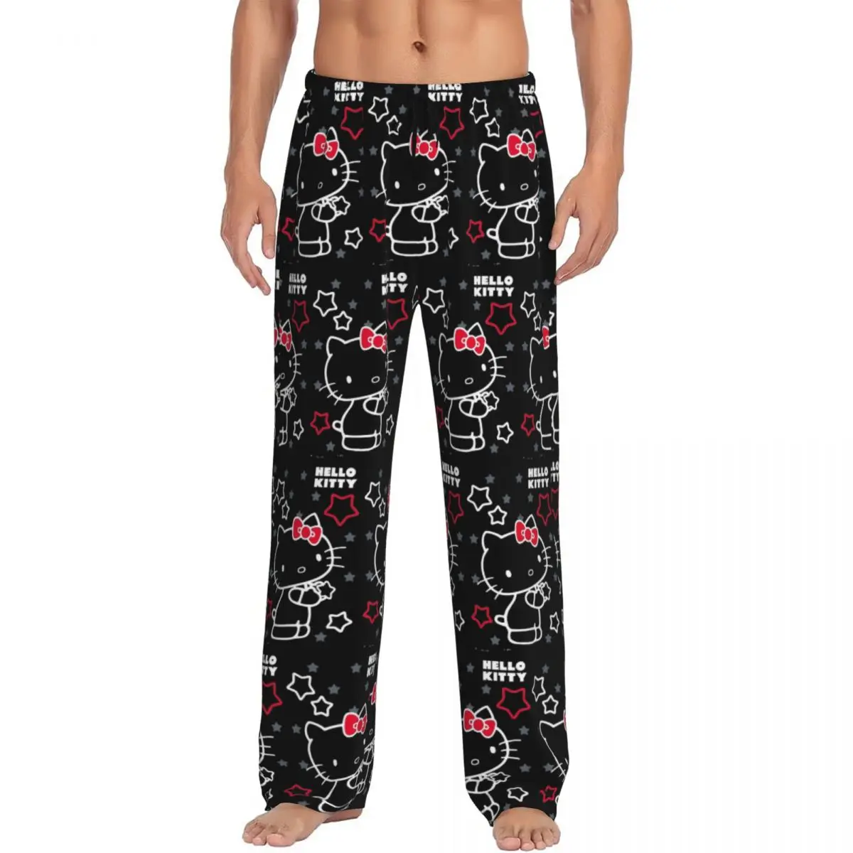 Benutzerdefinierte Hello Kitty Pyjamahose Herren Kitty Weiße Nachtwäsche Lounge Schlafhose Stretch mit Taschen