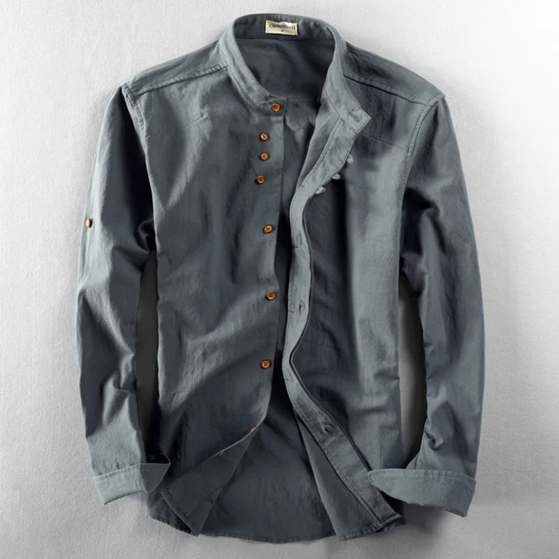Camisa de algodón y lino de estilo japonés para hombre, Tops clásicos transpirables informales ajustados de manga larga con cuello levantado Harajuku de Color sólido para hombre