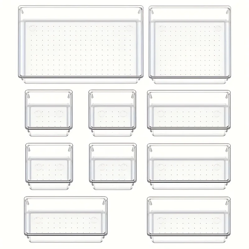 Juego de organizadores de cajones versátiles, bandejas y divisores de plástico transparente en 4 tamaños para un maquillaje perfecto y almacenamiento de cocina, 10 piezas