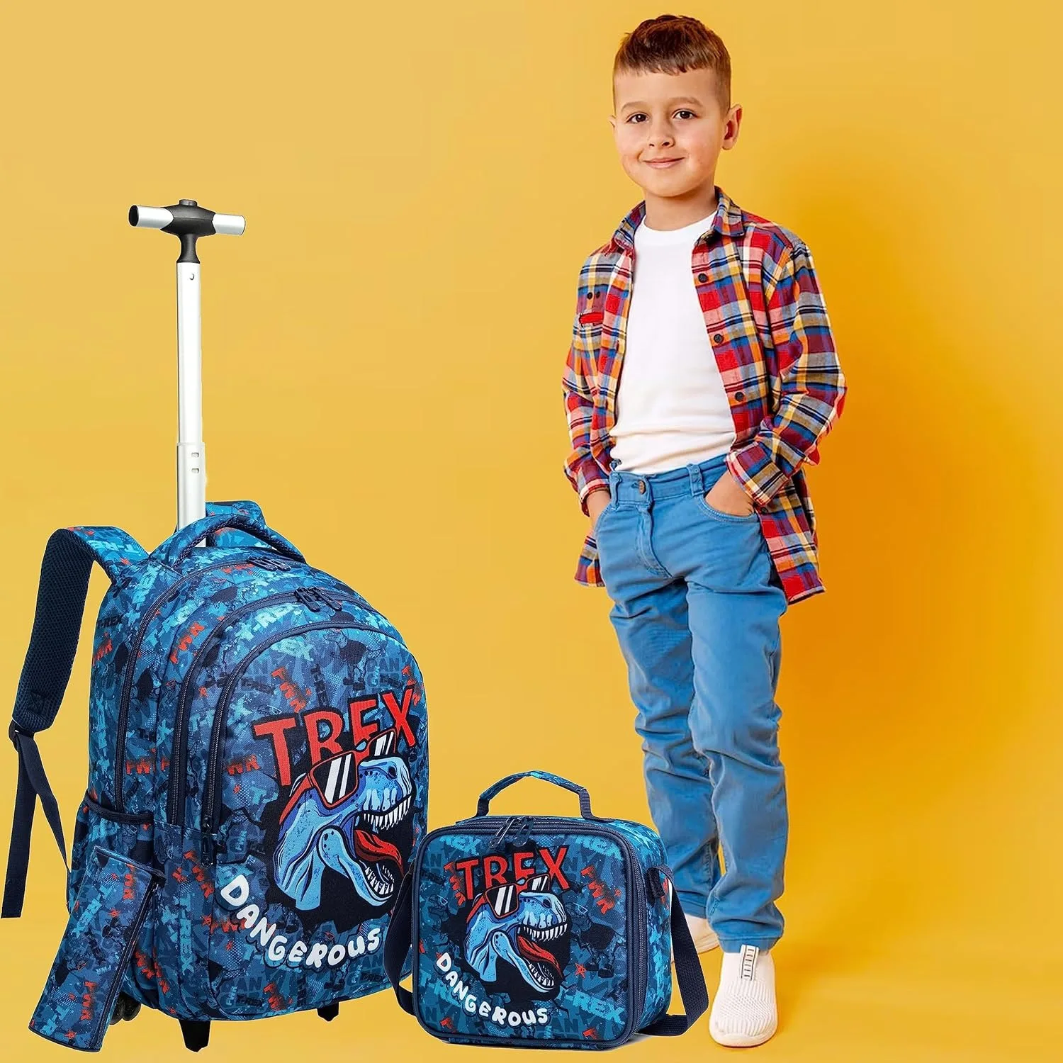 18-Zoll-Schultaschen, Rucksack mit Rollen für Jungen und Mädchen, Reise-Rollrucksack, Schultrolley-Taschen-Set mit Thermo-Lunchbox