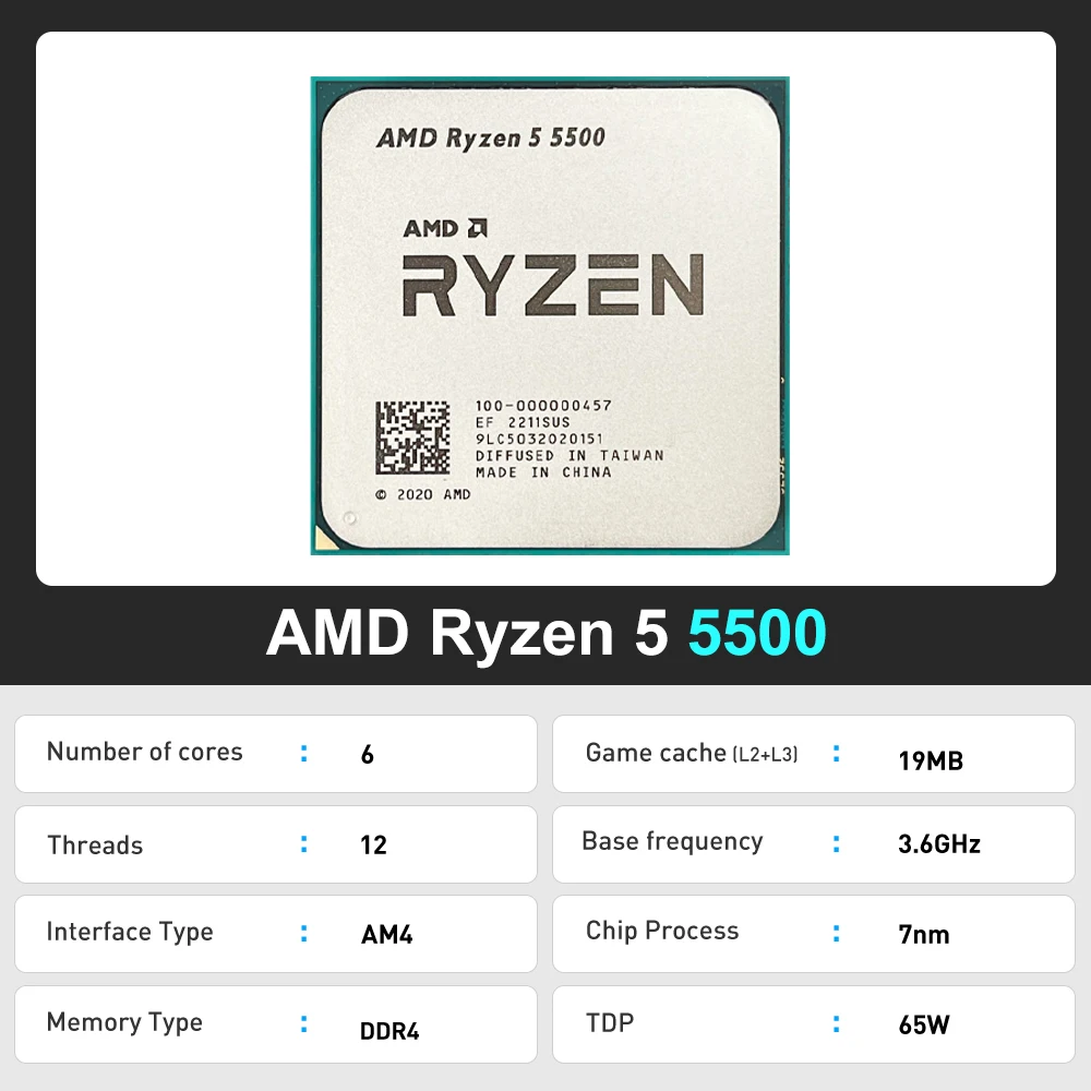 AMD Ryzen 5 5500 R5 5500 3.6 GHz 6-Core 12-Thread CPU Processor 7NM L3=16M 100-000000457 Socket AM4 No Fan