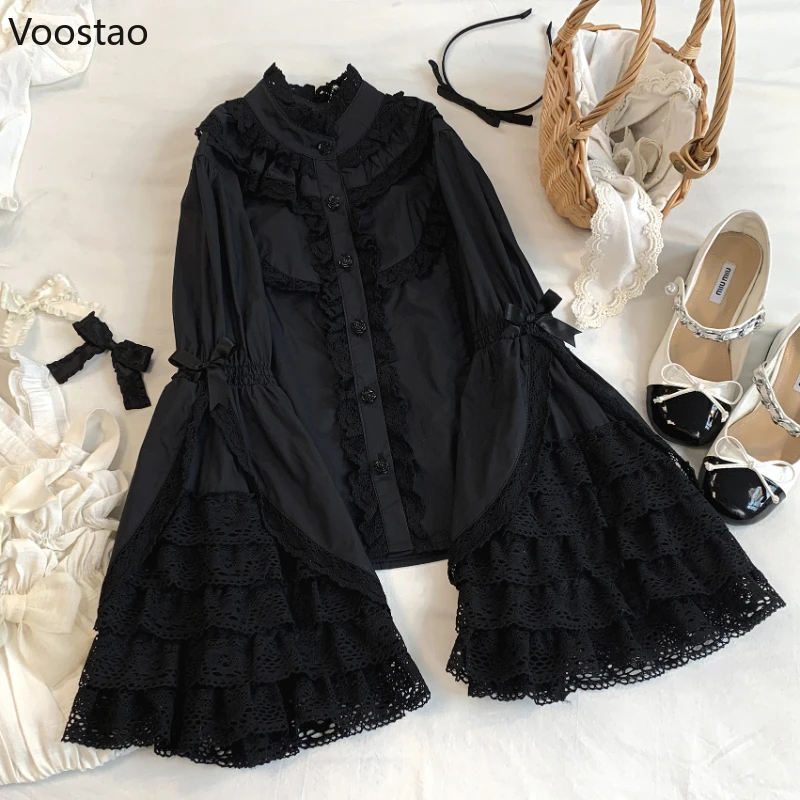 Victorian Elegant Lolita เสื้อผู้หญิง Harajuku Gothic Y2k ลูกไม้ Ruffle Flare แขนเสื้อผ้าฝ้ายหญิง Vintage Blusas Mujer Top
