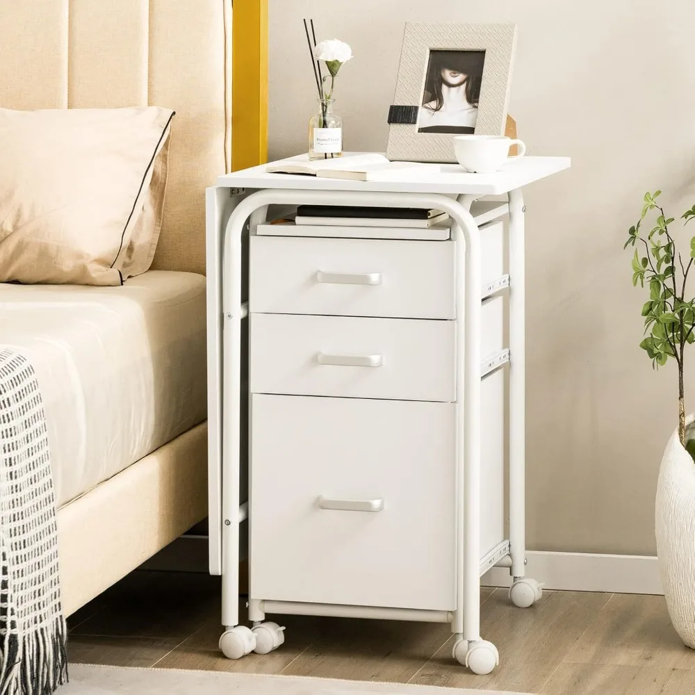 White Folding Desks with 3 Drawers, Mobile Home Office Desks Study Writing Desk with Smooth Wheels, Space Saving Compact Desk