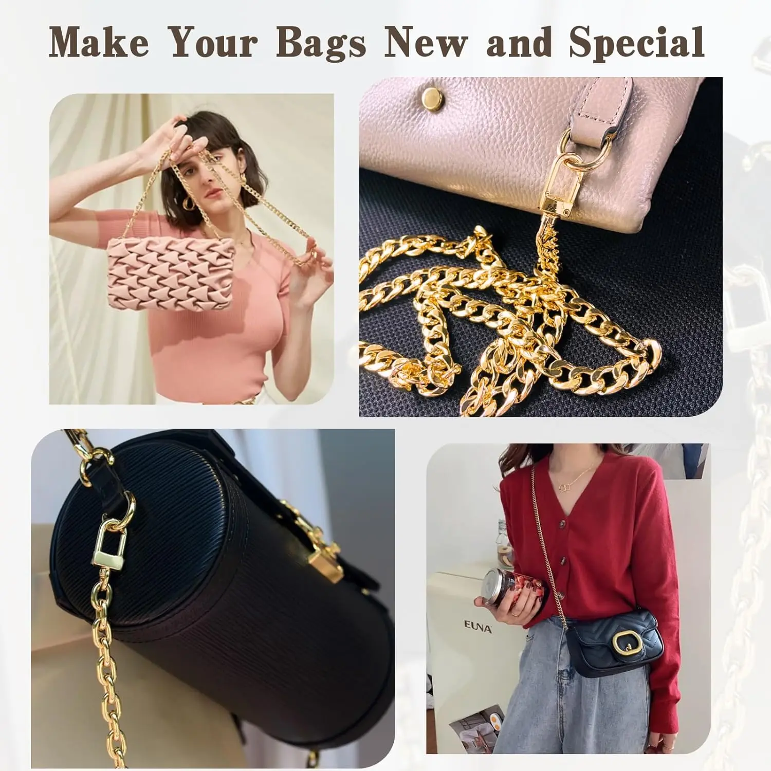 Purse Chain Strap Flat Chain Strap Handbag Chains with Metal Buckles for Wallet Satchel Tote Bags Shoulder Bag Chain Replacement