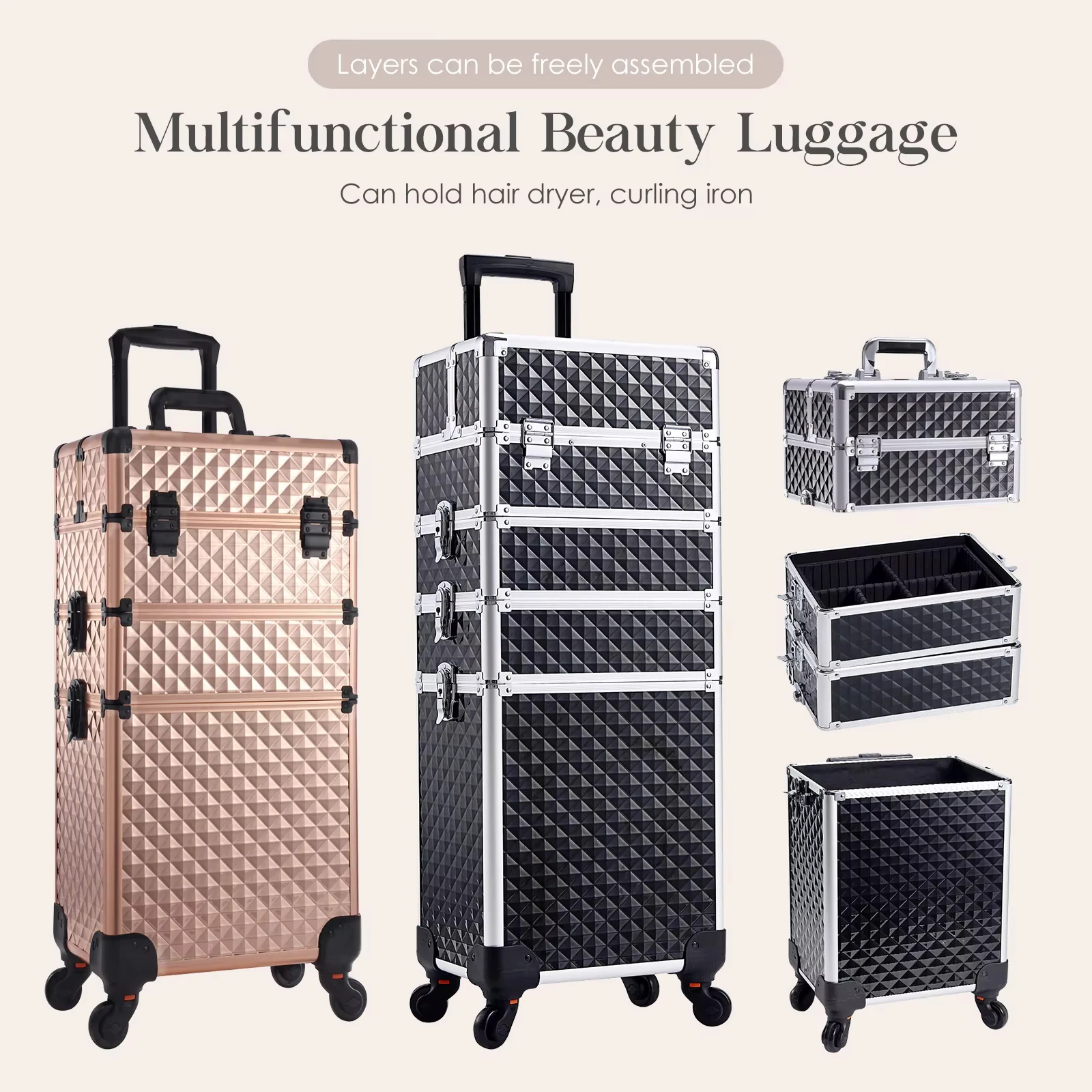 Make-up-Trolley, abnehmbare 4-in-1-Aktentasche aus Legierung für Nagelmaniküre auf Rädern, Schloss, Salon, Aufbewahrungskoffer mit großer Kapazität